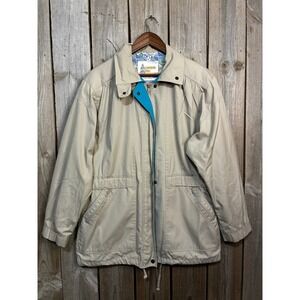 London Fog Vintage Tan Windbreaker Jacket Turquoise Trim Womens Large Regular